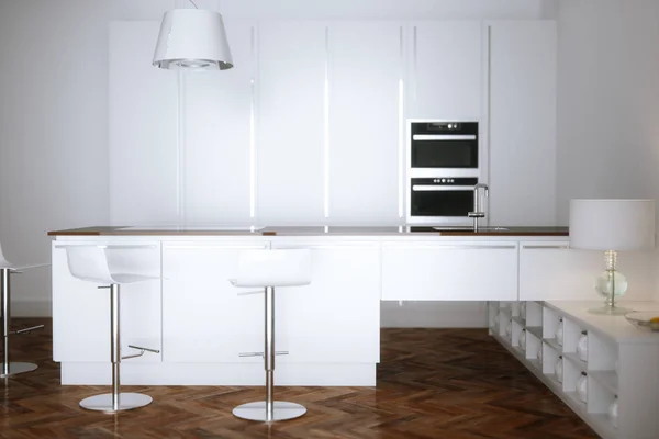 Interior Cocina Blanca Con Muebles Blancos Suelo Madera Render —  Fotos de Stock