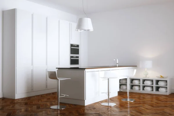 Interior Dapur Putih Dengan Furnitur Putih Dan Lantai Kayu Render — Stok Foto