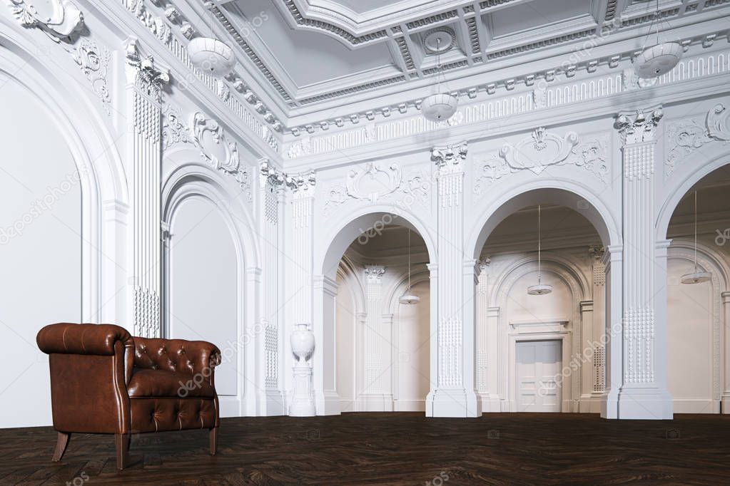 Big white classic interior museum hall with vintage leather armchair 3d render