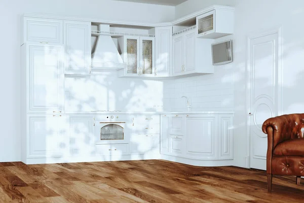 Bílá Kuchyň Interiér Koženou Vintage Křesla Dřevěné Podlahy Novém Domově — Stock fotografie