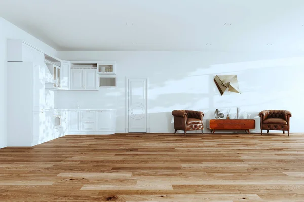 Weiße Kücheneinrichtung Mit Vintage Ledersesseln Holzständer Aus Der Mitte Des — Stockfoto