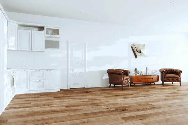 Interior Cocina Blanca Con Sillones Vintage Cuero Soporte Madera Mediados — Foto de Stock