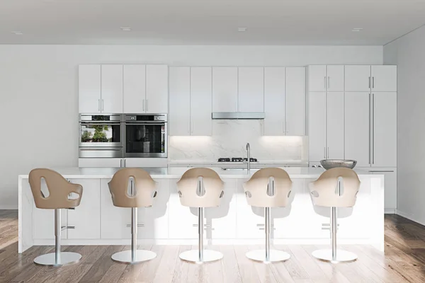 Empty Clean White Kitchen Island Barstools Render — Stock Photo, Image