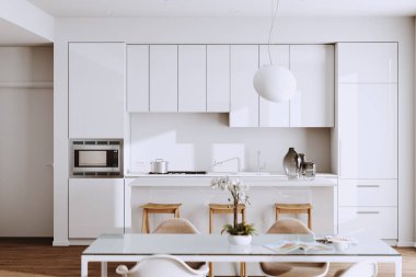 Güzel Beyaz Modern Mutfak parke zeminler ve Vintage araçlarla yeni lüks ev 3d render