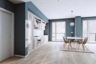 Yeni lüks ev parke zeminler ve paslanmaz çelik aletleri ile güzel klasik mutfak 3d render