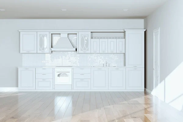 Krásné Klasické Kuchyně Novém Domově Luxusní Podlahami Tvrdého Dřeva Bílé — Stock fotografie