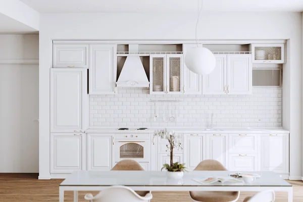 Beautiful White Classic Kitchen New Luxury Home Hardwood Floors Vintage — Stock Photo, Image