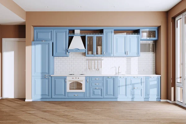 Piękny Niebieski Kuchnia Classic Nowy Luksusowy Dom Drewnianą Podłogą Vintage — Zdjęcie stockowe