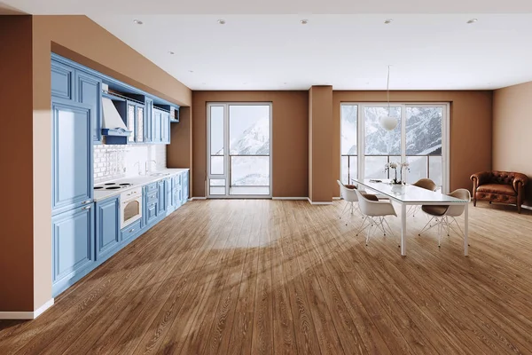 Modré Klasické Kuchyně Jídelna Nové Luxusní Dům Dřevěnými Podlahami Nerezové — Stock fotografie