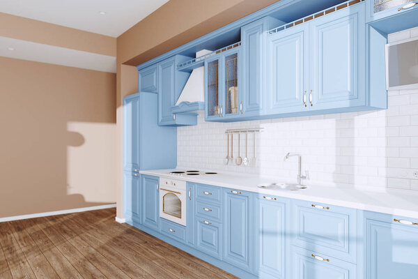 Blue Classic Kitchen в новом роскошном доме с полами из лиственных пород и винтажными аппликациями 3D
