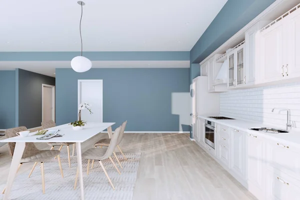Mooie Klassieke Keuken Nieuwe Luxe Huis Met Hardhoutvloeren Roestvrijstalen Apparaten — Stockfoto