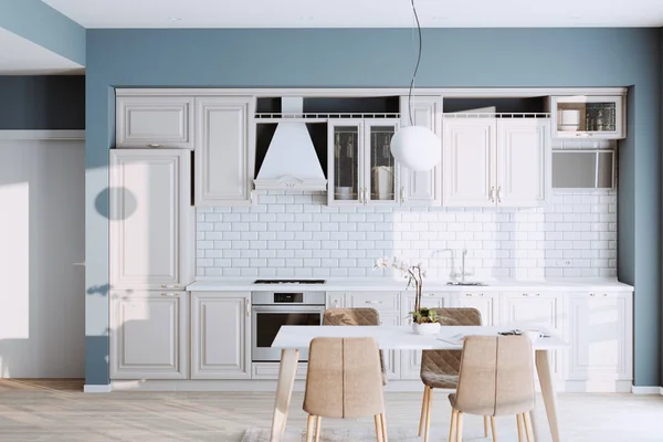 Krásné Klasické Kuchyně Nové Luxusní Dům Dřevěnými Podlahami Nerezové Spotřebiče — Stock fotografie