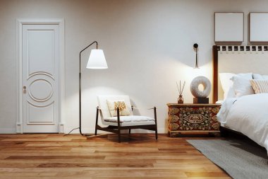 Beyaz yatak odası, ahşap döşeme koltuğu ve zemin.