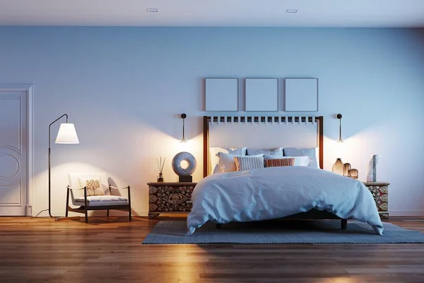 Interior del dormitorio blanco con sillón de madera y suelo lam —  Fotos de Stock