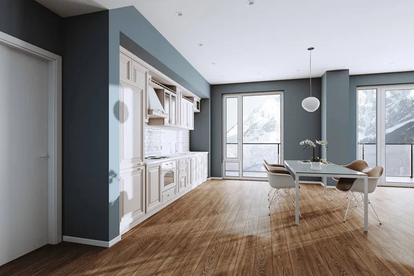 Krásná klasická kuchyně v novém luxusním domově s tvrdou dřevěnou FLoo — Stock fotografie