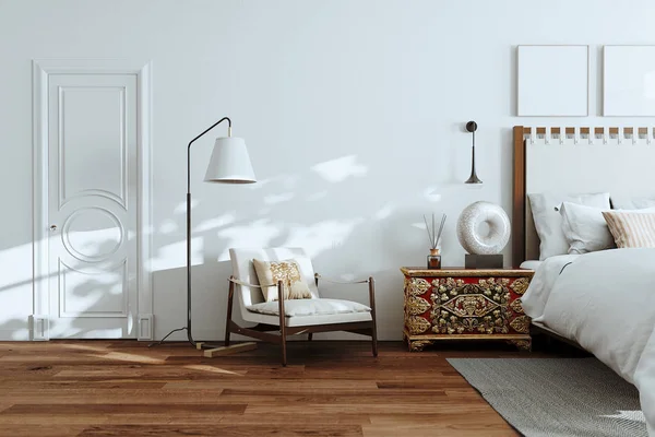 White Bedroom Interior with Wood floor , floor lamp and Chair 3D — Stock Photo, Image