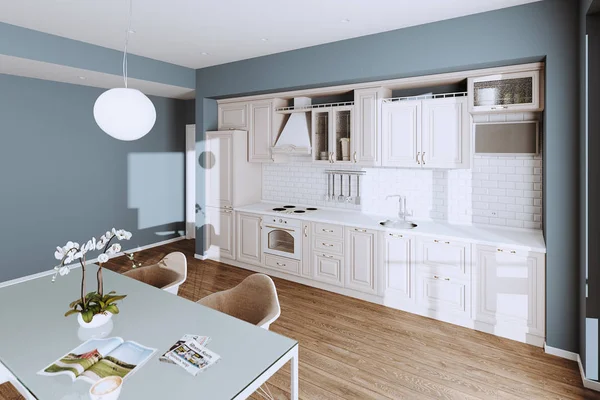 Hardwood Floo ile yeni Lüks Evde Güzel Klasik Mutfak — Stok fotoğraf