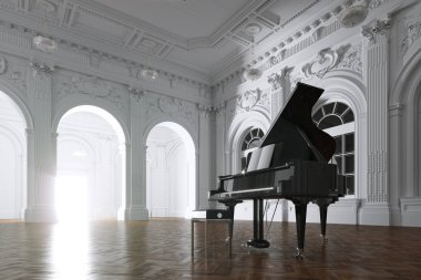 Beyaz Klasik Oda 3d render Siyah Kuyruklu Piyano