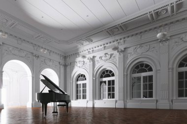 Kuyruklu piyano ile boş klasik müze odasında ışık 3d render