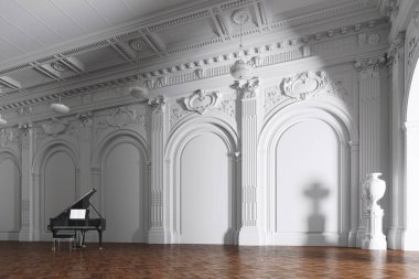 beyaz klasik müzik iç 3d render kuyruklu piyano
