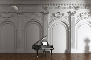 beyaz klasik müze iç 3d render kuyruklu piyano