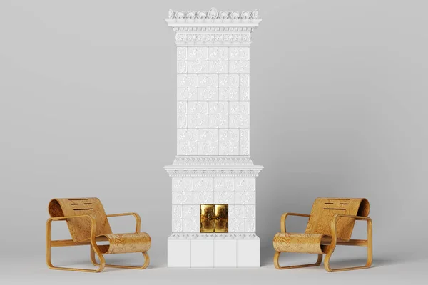 Vintage keramische open haard met multiplex fauteuil in nieuwe Scandinav — Stockfoto