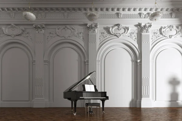 Piano de cauda em branco clássico museu interior 3d render — Fotografia de Stock