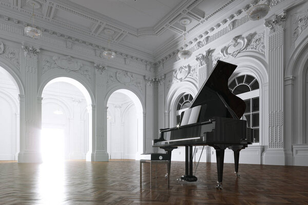 Black Grand Piano in White Classic Room 3d render