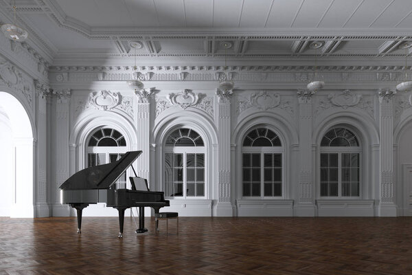 3d render of light in empty classic concert room with grand pian