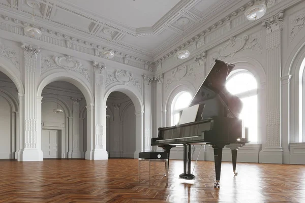 Czarny fortepian w białym pokoju Classic Render 3D — Zdjęcie stockowe