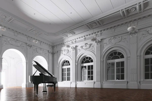 3D απόδοση του φωτός σε άδειο κλασικό δωμάτιο μουσείων με μεγάλο πιάνο — Φωτογραφία Αρχείου