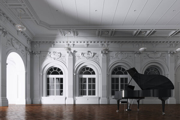 3d render of light in empty classic orchestra room with grand pi