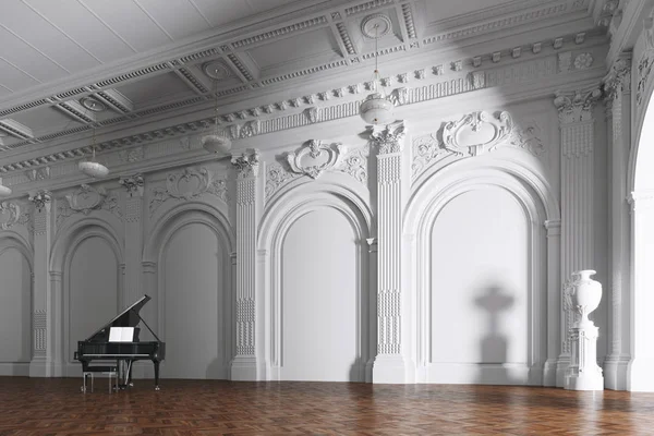 Grote piano in witte klassieke muziek interieur 3D renderen — Stockfoto