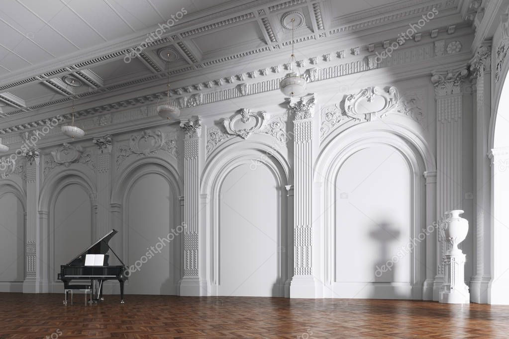 grand piano in white classic music interior 3d render