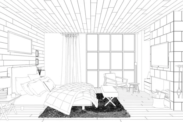 Entwurfszeichnung Des Schlafzimmers Mit Kamin Renderer — Stockfoto