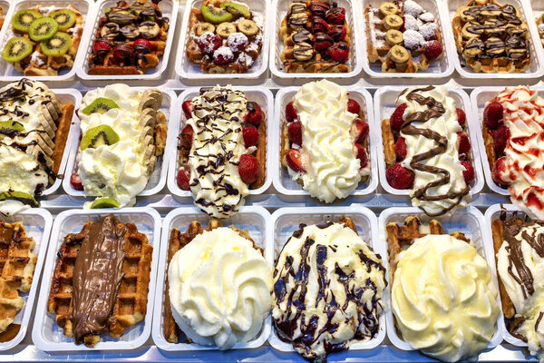 Close up shot of some belgian waffles on display in Belgium