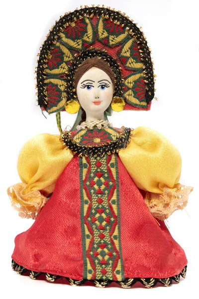 Muñeca Rusa Con Vestido Tradicional Sobre Fondo Blanco —  Fotos de Stock