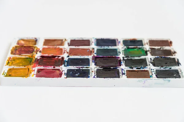 Tavolozza Colori Vista Laterale Acquerello Sfondo Varietà Colori — Foto Stock