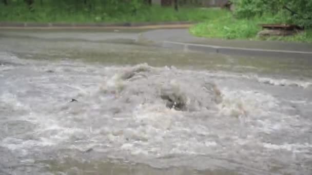 Wasser strömt aus dem Abfluss des Sturms. Ein Schmutzwasserbach überflutet die Fahrbahn. Autos fahren auf dem Wasser. Notfall. — Stockvideo