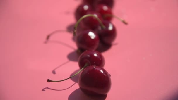 Ciliegie fresche rosse su sfondo nero. Goccia d'acqua. Chiudete. Il concetto di freschezza. — Video Stock