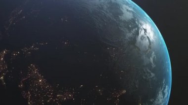 Dünya'da gün doğumu. Uzaydan Dünya gezegeninin inanılmaz görünümü. Hd. 1920x1080. Gerçekçi 3d Animasyon.