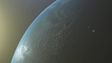 Dünya'da gün doğumu. Uzaydan Dünya gezegeninin inanılmaz görünümü. Hd. 1920x1080. Gerçekçi 3d Animasyon.