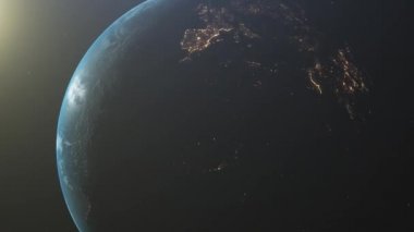 Dünya'da gün doğumu. Uzaydan Dünya gezegeninin inanılmaz görünümü. Hd. 1920x1080. Gerçekçi 3d Animasyon.