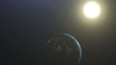 Dünya'da gün doğumu. Uzaydan Dünya gezegeninin inanılmaz görünümü. Hd. 1920x1080. Gerçekçi 3d Animasyon.