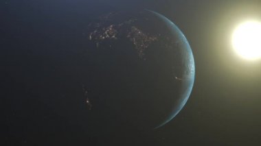 Dünya'da gün doğumu. Uzaydan Dünya gezegeninin inanılmaz görünümü. Hd. 1920x1080. Gerçekçi 3d Animasyon.