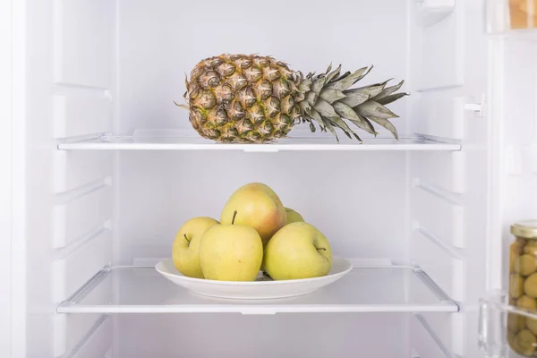 Modern Open Fridge Fruits White Background — Stock Photo, Image