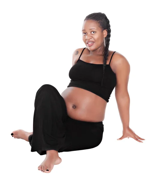 African Woman Pregnant Doing Healthy Yoga Exercises Dressed White Black — Stock Photo, Image