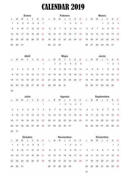 2019 Španělské Obecné Kalendář Snadné Oříznutí Pro Práci Návrháře Kteří — Stock fotografie