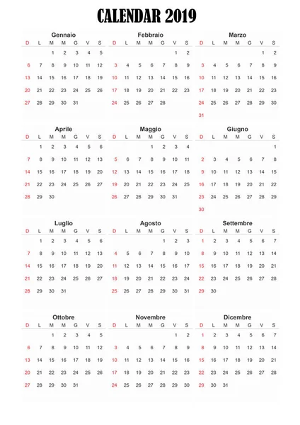 2019 Italský Obecný Kalendář Snadné Oříznutí Pro Práci Návrháře Kteří — Stock fotografie