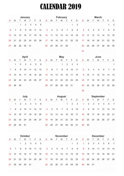 2019 Anglický Obecný Kalendář Snadné Oříznutí Pro Práci Návrháře Kteří — Stock fotografie